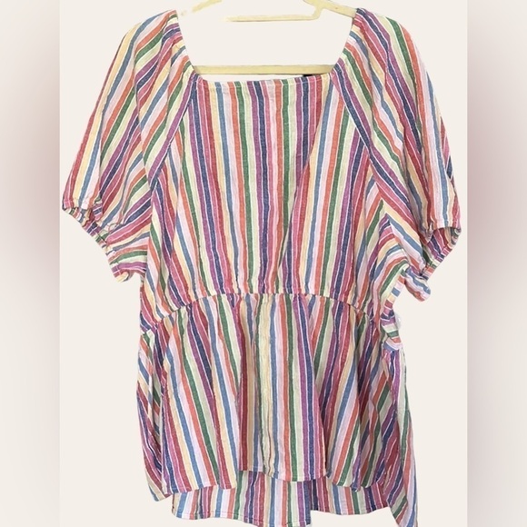 LANE BRYANT Multi Stripe Crinkle Cotton Top w/Cinched Tie Front, Sz 22, GUC. - Picture 7 of 7